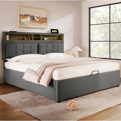 Lit double rembourré 160 x 200 cm avec tête de lit réglable, station de charge USB type C et prises, sommier relevable avec rangement, gris (1/5)