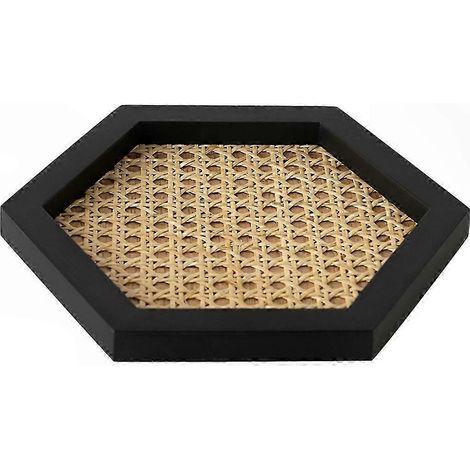 Vintage Serviertablett aus Rattan mit geometrischem Holzgitterrahmen, für Obst, Frühstück, Getränke und Speisen, Wohnaccessoire (1/5)