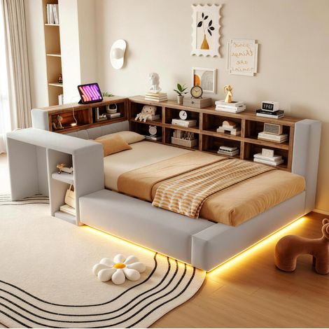 Lit enfant rembourré 90x200 cm avec LED, rangements intégrés, tête de lit capitonnée avec prises, table de chevet et dossier rembourré, velours gris clair (1/5)