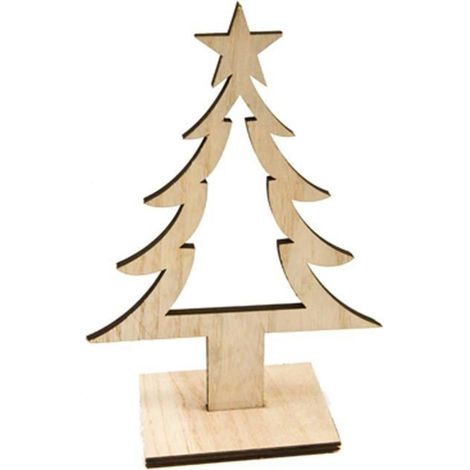 Décoration sapin de Noël en bois beige - KAGOLOW - 25 cm - Étoile au sommet - Socle pour stabilité - Bois naturel (1/4)