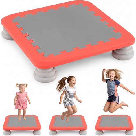 Mini Trampoline Enfant 65x65x13 cm, Surface Antidérapante Jeu de Saut Sensorielle, Pieds Amovibles, Jouet Intérieur et Extérieur, 3 Ans, Rouge (1/5)