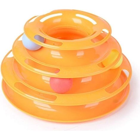 Jouet interactif pour chat avec trois balles de jeu jaunes, plateau, écologique et durable, favorise l'intelligence et le divertissement des chats et chatons. (1/5)