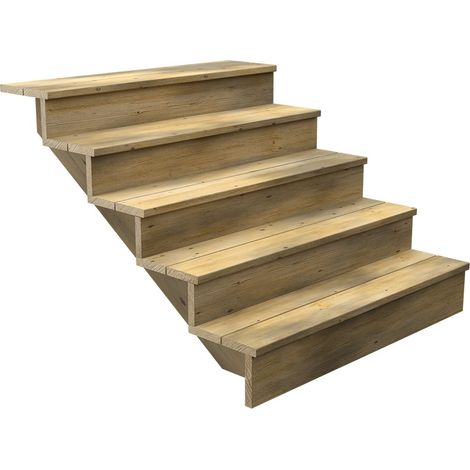 Escalier Bois Exterieur - 5 Marches Pleines - Largeur : 1m20 - Hauteur : 85cm - Avec Contremarches - Pin du Nord - Traité Autoclave