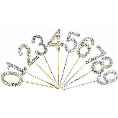 1 Décoration de gâteau chiffres 0 à 9 en or et argent sertis de diamants, pour anniversaire, mariage ou cupcakes. (1/5)