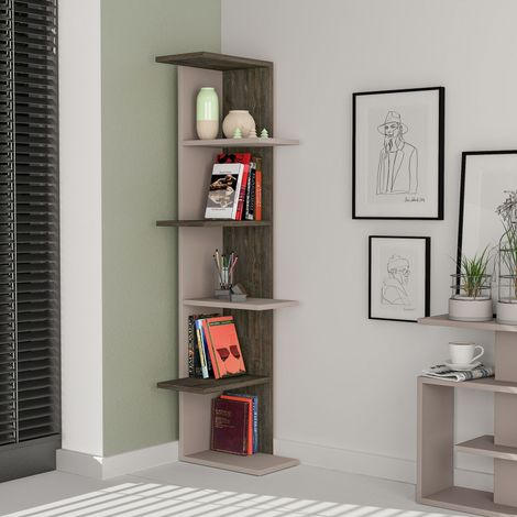 Decortie Saso Modernes Eck-Bücherregal Display Unit Mokka Grau Dunkel Kaffee Eiche Effekt Medium 141cm