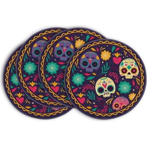 CCYKXA Tischsets mit Totenkopf-Blume, Tag der Toten, Mexiko, Halloween, 37 cm, für Küche, Tischdekoration, Zuhause, Feiertagsparty-Dekoration, 4 Stück (1/5)