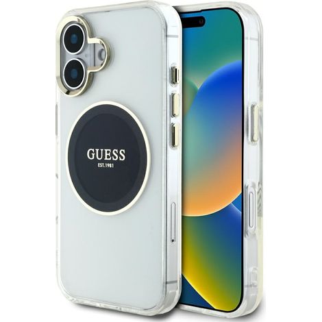 Custodia Guess IML con cerchio in metallo colorato e logo classico MagSafe per iPhone 16, colore nero. (1/5)