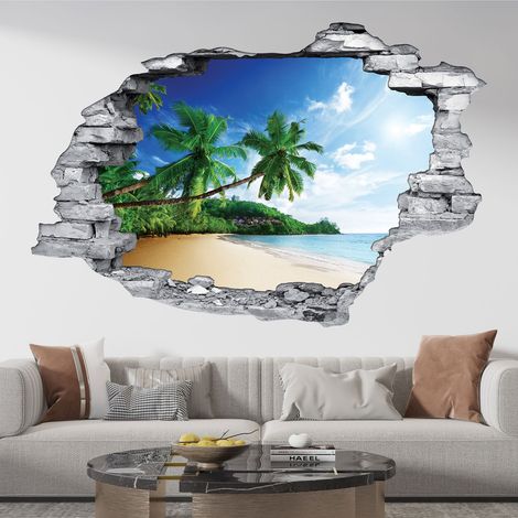 Stickers Trompe l'oeil trou dans le mur - Plage Palmiers - 30 x 45 cm - Pierres grises (1/5)