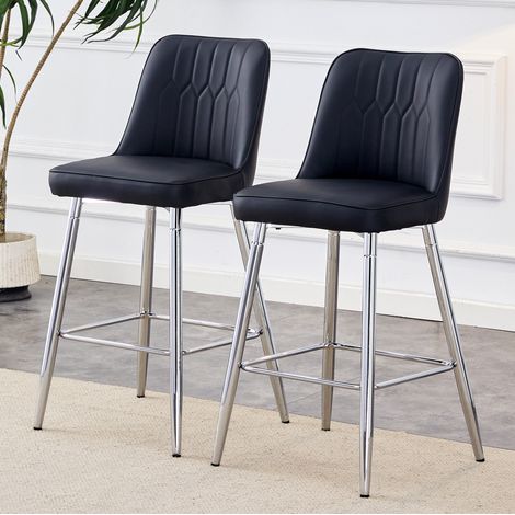 Tabouret de bar lot de 2, 100 cm, PU noir, pieds métal argenté, repose-pieds DESVIAE (1/5)