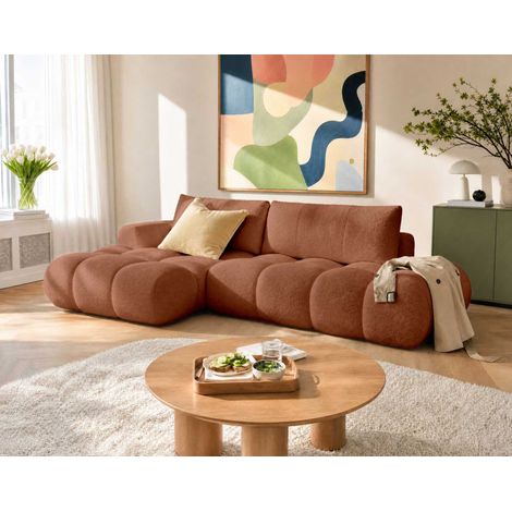 Yulin - canapé d'angle ouvert gauche 4 places convertible avec coffre en tissu bouclette - rouille (1/5)