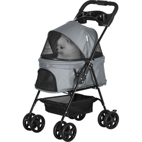 Passeggino per cani pieghevole con guinzaglio sicurezza e cestino portaoggetti, grigio
