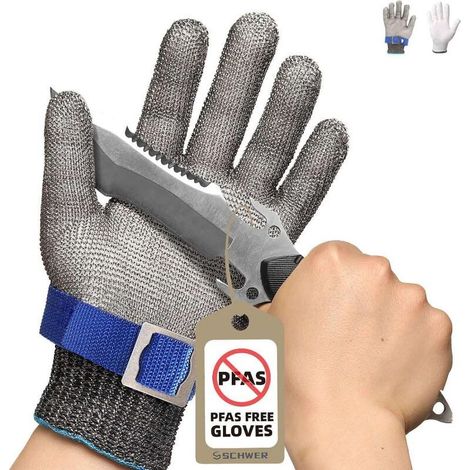 Gant anti-coupures SlicePro ANSI A9 PR1706, gant en maille d'acier inoxydable, qualité alimentaire, pour la cuisine, la découpe de viande, l'écaillage d'huîtres, la mandoline, la pêche, sans PFAS (M, (1/4)