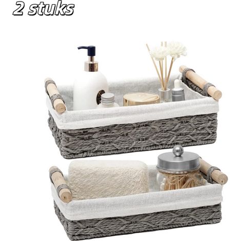 Lot de 2 paniers de rangement en osier gris avec poignées en bois boîtes décoratives pour plan de travail cuisine chambre maison bureau et autres espaces de rangement disponibles en deux tailles grand (1/5)