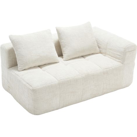 Canapé 2 places beige en tissu chenille avec coussin et poches latérales pratiques (1/5)