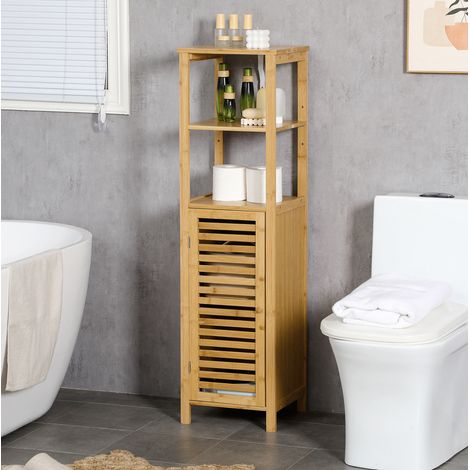 Badezimmerschrank aus Bambus mit 2 offenen Ablagen und Schrankfach, 32,9 x 29,9 x 120 cm, Natur (1/5)