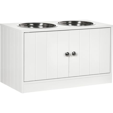 Station d'alimentation pour chien, 2 gamelles en acier inoxydable, compartiment de rangement d'une capacité de 44 L, portes magnétiques, blanc, 60 x 30 x 35,5 cm