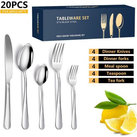Couverts En Acier Inoxydable - Ensemble 20 Pièces - Style Occidental - Pour Maison Et Restaurant - 4 Couteaux 4 Fourchettes 4 Cuillères 4 Cuillères À Café 4 Brochettes (1/4)
