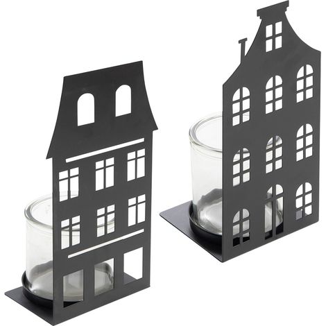 Metall Kerzenhalter Haus Silhouette schwarz 28 x 12 cm - 2er Set - Windlicht mit Glaseinsatz Motiv 2-fach sortiert - Weihnachtsdorf Skyline Tisch Deko Laterne für Weihnachten Advent Winter