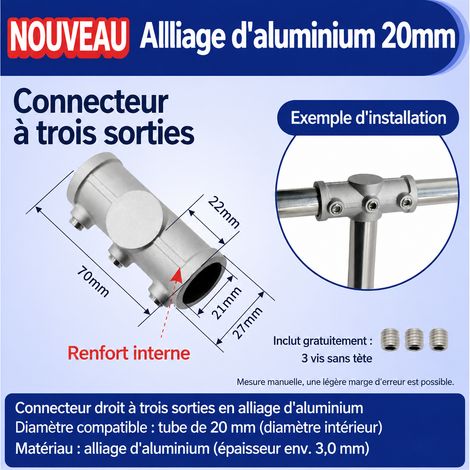 Raccord droit en T pour tube rond de 20 mm en alliage d’aluminium 20mm 5 36 g – Livraison gratuite