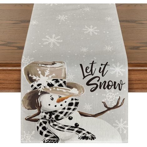 33 x 183 cm, Weihnachtstischläufer „Grauer Schneemann und Schneeflocken“, saisonale Winterdekoration für Küche und Esszimmer