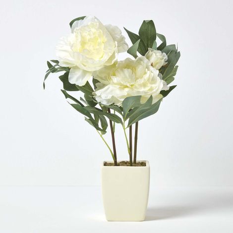 HOMESCAPES Cream Artificial Peonies in Decorative Cream Pot, 48 cm Tall (1/4)