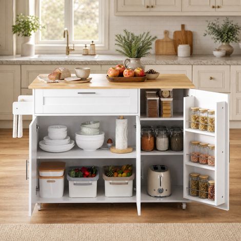 Isla de cocina móvil plegable 132,5 x 44(70) x 90 cm MDF blanco y natural DESVIAE (1/5)