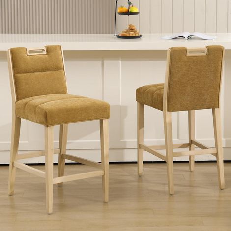 Barhocker 2er Set Chenille mit Griff-Rückenlehne und Fußstütze, Gelb (1/5)
