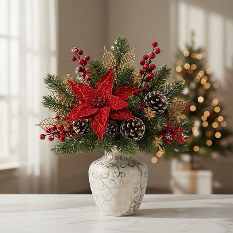 Fiore natalizio "Stella di Natale" in tessuto colore rosso per decorazioni e composizioni, da 28 cm (1/4)