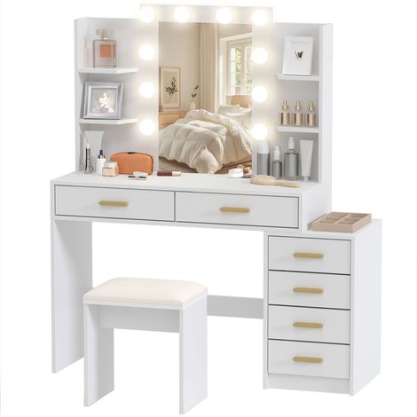 Coiffeuse avec miroir éclairé et tabouret rembourré - Ensemble maquillage blanc 6 tiroirs étagères