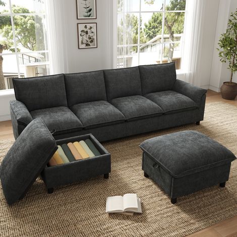 Ecksofa in U-Form 264,5/142,5/84 cm aus Chenille in Schwarz mit 2 Fußhockern und Stauraum (1/5)