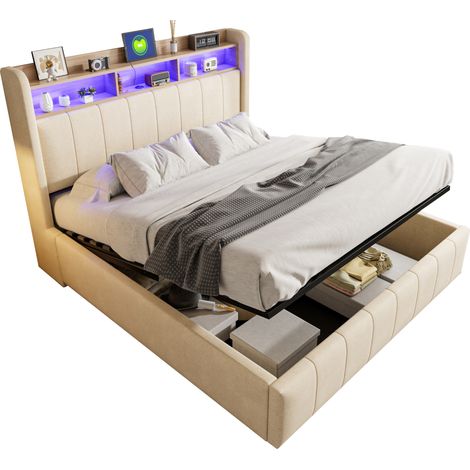 Lit rembourré 160 x 200 cm avec éclairage LED et prise USB, tête de lit avec étagères et espace de rangement, avec vérin hydraulique de rangement, lit double pour adulte, tissu en lin beige (1/5)