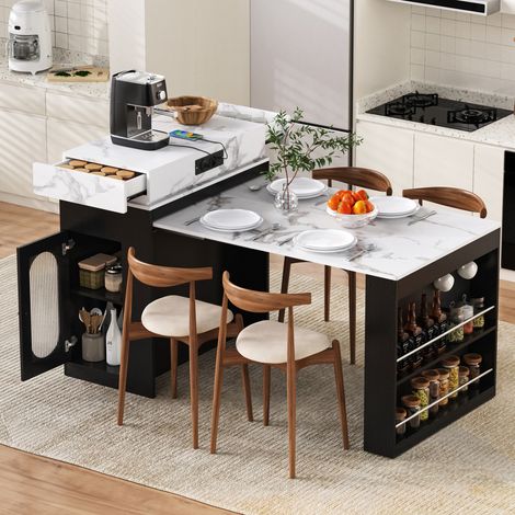 Table extensible MDF schwarz mit Glas, Kücheninsel/Esstisch mit Steckdosenleiste, 83x46-146,5x96 cm (1/5)