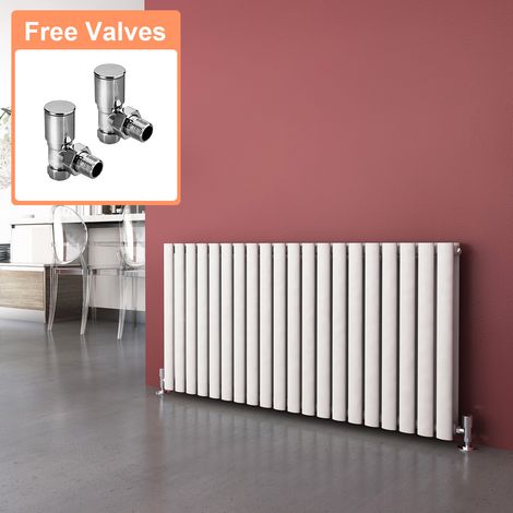 ELEGANT White Double 600 x 1190 mm Horizontal Radiator Oval Column Designer Radiator Central Heating + Angled Radiator Valves (1/5)