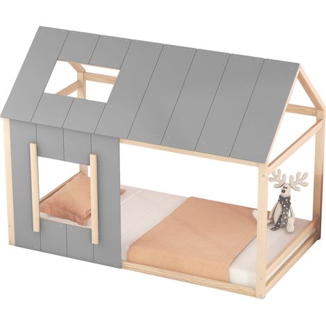 Lit enfant 90 x 200 en forme de maison avec toit et fenêtre, cadre en pin et MDF, coloris naturel et gris, pour chambre d'enfant, style moderne, CHICFURN (1/5)