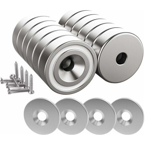12 Neodym-Magnete, 10 kg Stärke, 20 x 7 mm, mit Loch und Kapsel, Senkkopf-Topfmagnet mit Schraube und 12 Stahlpads (hellsilber) thsinde--
