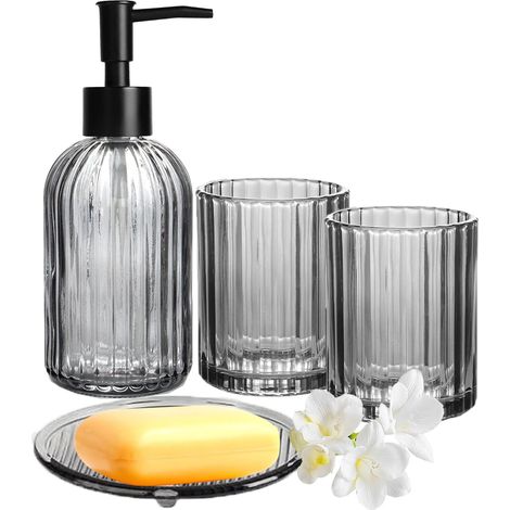 Ensemble d'accessoires de salle de bain gris 4 pièces complet en verre (1/5)