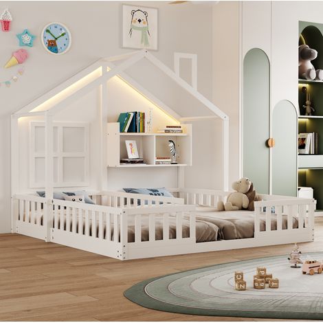Lit cabane enfant double 2 x 90x200 cm en bois blanc avec LED et rangements intégrés - CHICFURN (1/5)