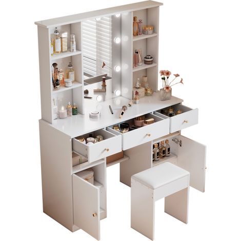 Set Tavolo da trucco con Specchio e Sgabello 151x110x40 cm, illuminazione LED, 3 cassetti e 2 Ante, Bianco, MDF, per Camera