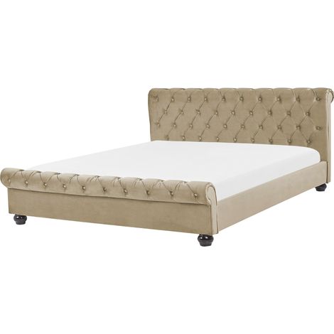 Letto Imbottito Velluto Effetto Lino Beige Rete a Doghe 180 x 200 cm Avallon