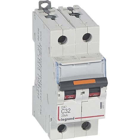 Disjoncteur DX³ 25kA arrivée haute et départ bas à vis 2 Pôles 230V à 400V 32A courbe C 2 modules LEGRAND 409771 (1/2)