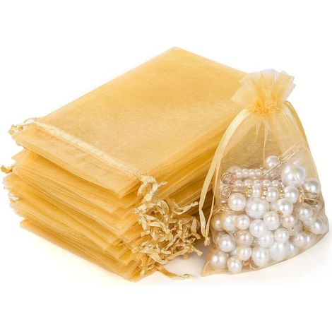 50pcs Sacs Organza,15x20cm Sachets Pochettes Cadeau en Organza avec Rubans Sac à Bijoux Sachets pour Lavande Sacs de Bonbons Faveur Présent Sacs pour Anniversaire Baptême Fête Décoration Mariage,Or (1/5)