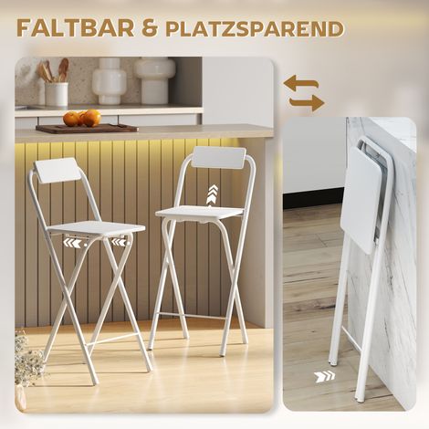 Lot de 2 tabourets de bar escamotables à armature en acier, avec dossier et repose-pieds, pour comptoir de cuisine, dimensions 37 x 45 x 87 cm, blanc (1/4)