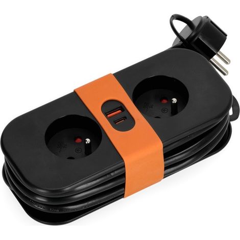Cable alargador, 2 tomas, 230 V + USB, 1,4 m, con toma de tierra, cable negro 3x1,5 mm (1/4)