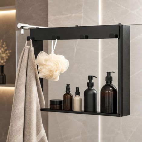 Étagère de douche en acier inoxydable à suspendre sans perçage pour la porte en verre/paroi en verre - Étagère de douche à suspendre avec 4 crochets - Étagère pour paroi de douche en verre (1/5)