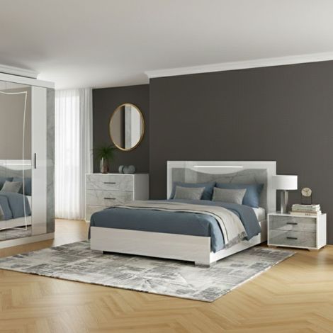 Chambre complète Lit 140x190cm avec chevets + commode + armoire blanc et imitation marbre - GENESIS
