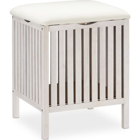 Panier à linge et siège rustique salle de bain 41 x 41 x 53 cm en bois de noyer blanc (1/4)