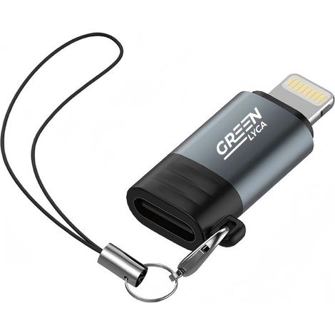 Adaptateur USB-C femelle vers Lightning mâle avec cordon pour éviter la perte.
