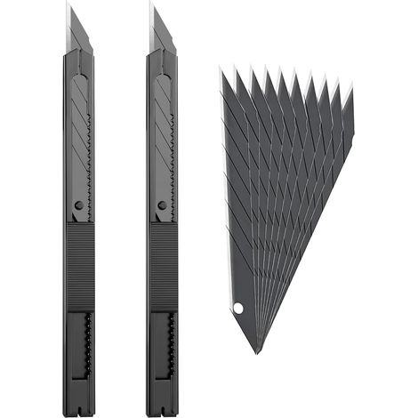 Lot de 2 Couteaux Utilitaires Verrouillables Rétractables avec Lame à 30 Degrés Verrouillable avec 10 Lames Tranchantes Noires Supplémentaires pour Bureau, Maison, Travaux Manuels, Loisirs (1/5)