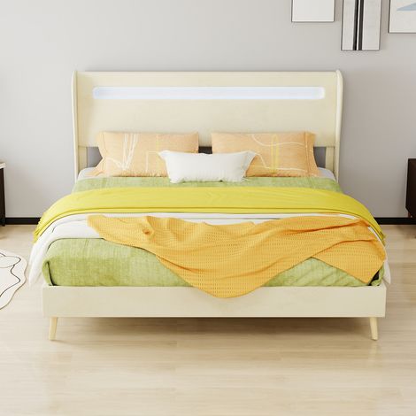 Letto imbottito in tessuto beige con struttura in metallo 160x200 cm, testiera regolabile con LED
