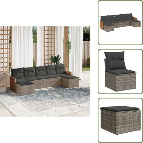 7-tlg. Garten-Sofagarnitur mit Kissen Grau Poly Rattan - Gartenmöbel - Rattan Möbel - Lounge Set - Gartenlounge - Esszimmergarnitur (1/5)